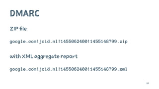 DMARC
ZIP file
google.com!jcid.nl!1455062400!1455148799.zip
with XML aggregate report
google.com!jcid.nl!1455062400!1455148799.xml
119
 