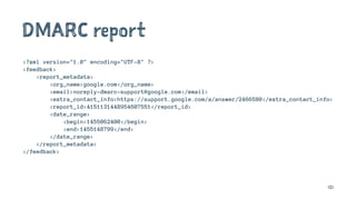 DMARC report
<?xml version="1.0" encoding="UTF-8" ?>
<feedback>
<report_metadata>
<org_name>google.com</org_name>
<email>noreply-dmarc-support@google.com</email>
<extra_contact_info>https://support.google.com/a/answer/2466580</extra_contact_info>
<report_id>4151131448954607551</report_id>
<date_range>
<begin>1455062400</begin>
<end>1455148799</end>
</date_range>
</report_metadata>
</feedback>
121
 