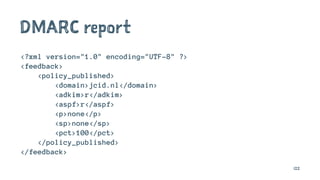 DMARC report
<?xml version="1.0" encoding="UTF-8" ?>
<feedback>
<policy_published>
<domain>jcid.nl</domain>
<adkim>r</adkim>
<aspf>r</aspf>
<p>none</p>
<sp>none</sp>
<pct>100</pct>
</policy_published>
</feedback>
122
 
