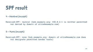 SPF result
4 - Neutral (accept)
Received-SPF: neutral (bob.example.org: 192.0.2.1 is neither permitted
nor denied by domain of alice@example.com)
5 - None (accept)
Received-SPF: none (bob.example.org: domain of alice@example.com does
not designate permitted sender hosts)
60
 