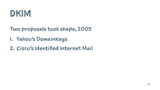 DKIM
Two proposals took shape, 2005
1. Yahoo’s DomainKeys
2. Cisco’s Identified Internet Mail
69
 