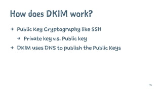 How does DKIM work?
4 Public Key Cryptography like SSH
4 Private key v.s. Public key
4 DKIM uses DNS to publish the Public Keys
74
 