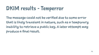 DKIM results - Temperror
The message could not be verified due to some error
that is likely transient in nature, such as a temporary
inability to retrieve a public key. A later attempt may
produce a final result.
93
 