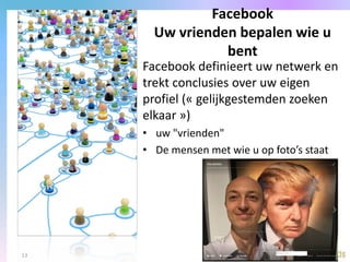 Facebook definieert uw netwerk en
trekt conclusies over uw eigen
profiel (« gelijkgestemden zoeken
elkaar »)
• uw "vrienden"
• De mensen met wie u op foto’s staat
Facebook
Uw vrienden bepalen wie u
bent
13
 