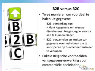 • Twee manieren om voordeel te
halen uit gegevens:
– B2B: verwerking van
« klant »gegevens om nieuwe
diensten met toegevoegde waarde
aan te kunnen bieden
– B2C: verzamelen en kruisen van
gegevens over individuen om te
anticiperen op hun behoeften/meer
te verkopen
• Enkele Belgische voorbeelden
van gegevensverwerking voor
commerciële doeleinden
B2B versus B2C2
35
 