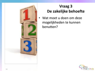 • Wat moet u doen om deze
mogelijkheden te kunnen
benutten?
Vraag 3
De zakelijke behoefte
63
 