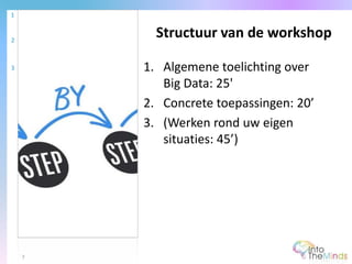 1. Algemene toelichting over
Big Data: 25'
2. Concrete toepassingen: 20’
3. (Werken rond uw eigen
situaties: 45’)
Structuur van de workshop
1
2
3
7
 
