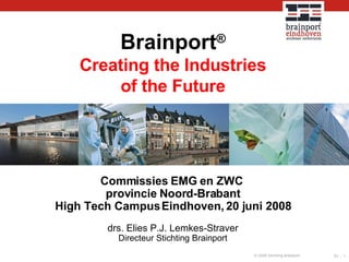 Brainport ® Creating the Industries of the Future Commissies EMG en ZWC  provincie Noord-Brabant High Tech Campus Eindhoven, 20 juni 2008 drs. Elies P.J. Lemkes-Straver Directeur Stichting Brainport 