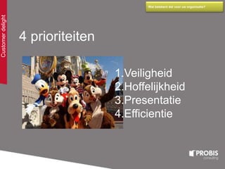 Customerdelight Wat betekent dat voor uw organisatie?
4 prioriteiten
1.Veiligheid
2.Hoffelijkheid
3.Presentatie
4.Efficientie
 