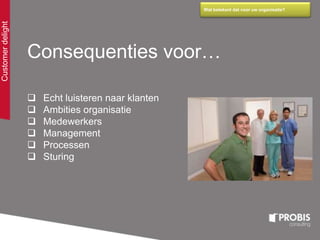 Consequenties voor…
 Echt luisteren naar klanten
 Ambities organisatie
 Medewerkers
 Management
 Processen
 Sturing
Customerdelight Wat betekent dat voor uw organisatie?
 