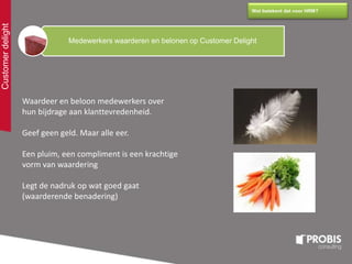 Customerdelight
Wat betekent dat voor HRM?
Medewerkers waarderen en belonen op Customer Delight
Waardeer en beloon medewerkers over
hun bijdrage aan klanttevredenheid.
Geef geen geld. Maar alle eer.
Een pluim, een compliment is een krachtige
vorm van waardering
Legt de nadruk op wat goed gaat
(waarderende benadering)
 
