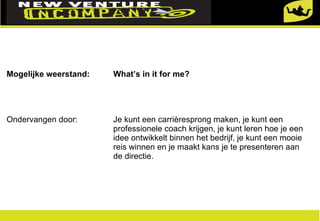 Mogelijke weerstand:    What’s in it for me? Ondervangen door:   Je kunt een carrièresprong maken, je kunt een    professionele coach krijgen, je kunt leren hoe je een    idee ontwikkelt binnen het bedrijf, je kunt een mooie    reis winnen en je maakt kans je te presenteren aan    de directie. 