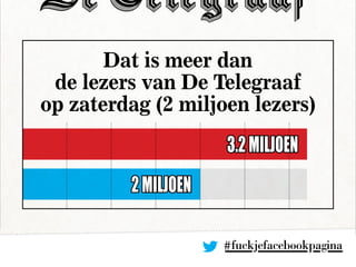 #fuckjefacebookpagina
Dat is meer dan
de lezers van De Telegraaf
op zaterdag (2 miljoen lezers)
3.2miljoen
2miljoen
 
