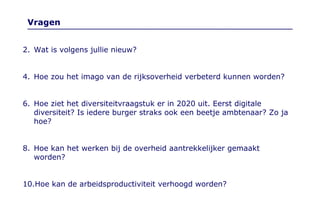 Vragen Wat is volgens jullie nieuw? Hoe zou het imago van de rijksoverheid verbeterd kunnen worden? Hoe ziet het diversiteitvraagstuk er in 2020 uit. Eerst digitale diversiteit? Is iedere burger straks ook een beetje ambtenaar? Zo ja hoe? Hoe kan het werken bij de overheid aantrekkelijker gemaakt worden? Hoe kan de arbeidsproductiviteit verhoogd worden? 