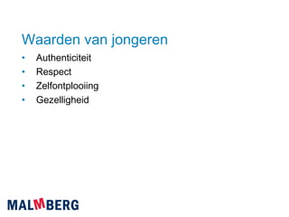 Waarden van jongeren Authenticiteit Respect Zelfontplooiing Gezelligheid 
