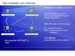 Het ontstaan van internet Het Internet is ontstaan in jaren 60. Het originele ARPANET in 1969 Werd ARPANET gemoemd (Advanced Research Projects Agency Network)  TCP / IP  werd in 1977 ontstaan. IP = Internet Protocol TCP = Transmission Control    Protocol 1985  NSFnet  (National Science Foundation) 