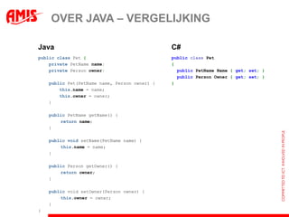OVER JAVA – VERGELIJKING

Java                                           C#
public class Pet {                             public class Pet
    private PetName name;                      {
    private Person owner;                        public PetName Name { get; set; }
                                                 public Person Owner { get; set; }
    public Pet(PetName name, Person owner) {   }
        this.name = name;
        this.owner = owner;
    }

    public PetName getName() {
        return name;
    }

    public void setName(PetName name) {
        this.name = name;
    }

    public Person getOwner() {
        return owner;
    }

    public void setOwner(Person owner) {
        this.owner = owner;
    }
}
 