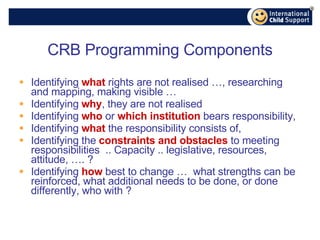CRB  Programming Components Identifying  what  rights are not realised …, researching and mapping, making visible … Identifying  why , they are not realised Identifying  who  or  which institution   bears responsibility,  Identifying  what  the responsibility consists of,  Identifying the  constraints and obstacles  to meeting responsibilities  .. Capacity .. legislative, resources, attitude, …. ? Identifying  how  best to change …  what strengths can be reinforced, what additional needs to be done, or done differently, who with ? 