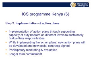ICS programme Kenya (6) Step 3:  Implementation of action plans Implementation of action plans through supporting capacity of duty bearers on different levels to sustainably realize their responsibilities While implementing the action plans, new action plans will be developed and new social contracts signed Participatory monitoring & evaluation Longer term commitment 