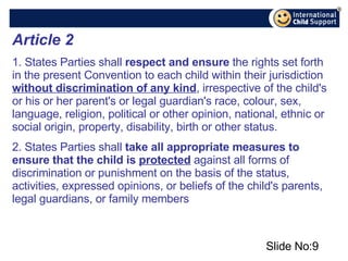 Slide No: Article 2   1. States Parties shall  respect and ensure  the rights set forth in the present Convention to each child within their jurisdiction  without discrimination of any kind , irrespective of the child's or his or her parent's or legal guardian's race, colour, sex, language, religion, political or other opinion, national, ethnic or social origin, property, disability, birth or other status.  2. States Parties shall  take all appropriate measures to   ensure that the child is  protected  against all forms of discrimination or punishment on the basis of the status, activities, expressed opinions, or beliefs of the child's parents, legal guardians, or family members 