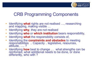 CRB  Programming Components Identifying  what  rights are not realised …, researching and mapping, making visible … Identifying  why , they are not realised Identifying  who  or  which institution   bears responsibility,  Identifying  what  the responsibility consists of,  Identifying the  constraints and obstacles  to meeting responsibilities  .. Capacity .. legislative, resources, attitude, …. ? Identifying  how  best to change …  what strengths can be reinforced, what additional needs to be done, or done differently, who with ? 