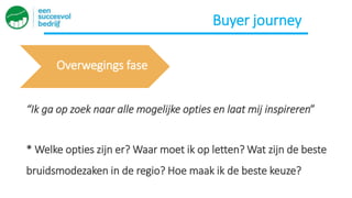“Ik ga op zoek naar alle mogelijke opties en laat mij inspireren”
Overwegings fase
* Welke opties zijn er? Waar moet ik op letten? Wat zijn de beste
bruidsmodezaken in de regio? Hoe maak ik de beste keuze?
Buyer journey
 