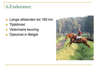 6.Endurance
 Lange afstanden tot 160 km
 Tijdslimiet
 Veterinaire keuring
 Opkomst in België
 