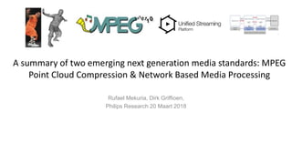 A summary of two emerging next generation media standards: MPEG
Point Cloud Compression & Network Based Media Processing
Rufael Mekuria, Dirk Griffioen,
Philips Research 20 Maart 2018
 