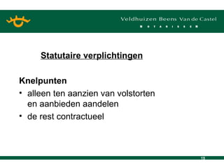 Statutaire verplichtingen Knelpunten alleen ten aanzien van volstorten en aanbieden aandelen de rest contractueel 