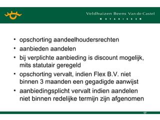 opschorting aandeelhoudersrechten aanbieden aandelen bij verplichte aanbieding is discount mogelijk, mits statutair geregeld opschorting vervalt, indien Flex B.V. niet binnen 3 maanden een gegadigde aanwijst aanbiedingsplicht vervalt indien aandelen niet binnen redelijke termijn zijn afgenomen 