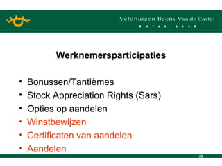 Werknemersparticipaties Bonussen/Tanti è mes Stock Appreciation Rights (Sars) Opties op aandelen Winstbewijzen Certificaten van aandelen Aandelen 