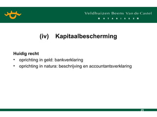 Huidig recht oprichting in geld: bankverklaring oprichting in natura: beschrijving en accountantsverklaring (iv) Kapitaalbescherming 