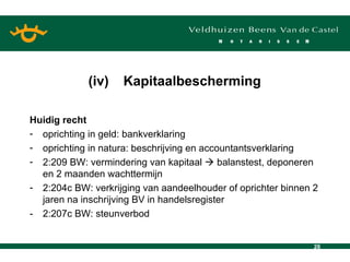 Huidig recht oprichting in geld: bankverklaring oprichting in natura: beschrijving en accountantsverklaring 2:209 BW: vermindering van kapitaal    balanstest, deponeren en 2 maanden wachttermijn 2:204c BW: verkrijging van aandeelhouder of oprichter binnen 2 jaren na inschrijving BV in handelsregister  - 2:207c BW: steunverbod (iv) Kapitaalbescherming 