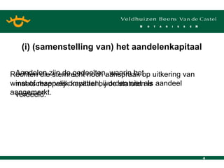 Aandelen zijn de gedeelten, waarin het  maatschappelijk kapitaal bij de statuten is  verdeeld. (i) (samenstelling van) het aandelenkapitaal Rechten die stemrecht noch aanspraak op uitkering van winst of reserves omvatten, worden niet als aandeel aangemerkt. 
