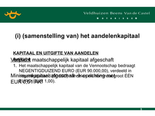 KAPITAAL EN UITGIFTE VAN AANDELEN Artikel 4 1. Het maatschappelijk kapitaal van de Vennootschap bedraagt NEGENTIGDUIZEND EURO (EUR 90.000,00), verdeeld in negentigduizend (90.000) aandelen elk nominaal groot ÉÉN EURO (EUR 1,00). (i) (samenstelling van) het aandelenkapitaal Verplicht  maatschappelijk kapitaal afgeschaft Minimumkapitaal afgeschaft    oprichting met  EUR 0,01 AK! 