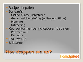 Hoe stappen we op? Budget bepalen Bureau’s Online bureau selecteren Gezamenlijke briefing (online en offline) Planning Uitvoering Key performance indicatoren bepalen Per medium Per actie Live zetten Bijsturen 