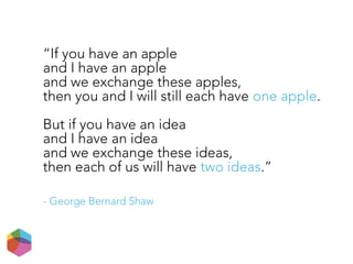 “If you have an apple
and I have an apple
and we exchange these apples,
then you and I will still each have one apple.
But if you have an idea
and I have an idea
and we exchange these ideas,
then each of us will have two ideas.”
- George Bernard Shaw
 