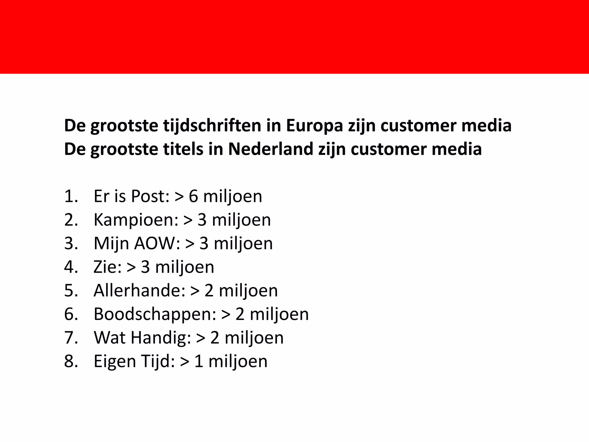De grootste tijdschriften in Europa zijn customer media
De grootste titels in Nederland zijn customer media

1.
2.
3.
     Kampioen: > 3 miljoen
     Mijn AOW: > 3 miljoen
                          F
     Er is Post: > 6 miljoen


4.   Zie: > 3 miljoen
5.   Allerhande: > 2 miljoen
6.   Boodschappen: > 2 miljoen
7.   Wat Handig: > 2 miljoen
8.   Eigen Tijd: > 1 miljoen
 