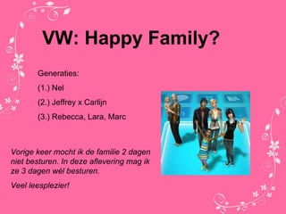 VW: Happy Family? Generaties: (1.) Nel (2.) Jeffrey x Carlijn (3.) Rebecca, Lara, Marc Vorige keer mocht ik de familie 2 dagen niet besturen. In deze aflevering mag ik ze 3 dagen wél besturen.  Veel leesplezier! 