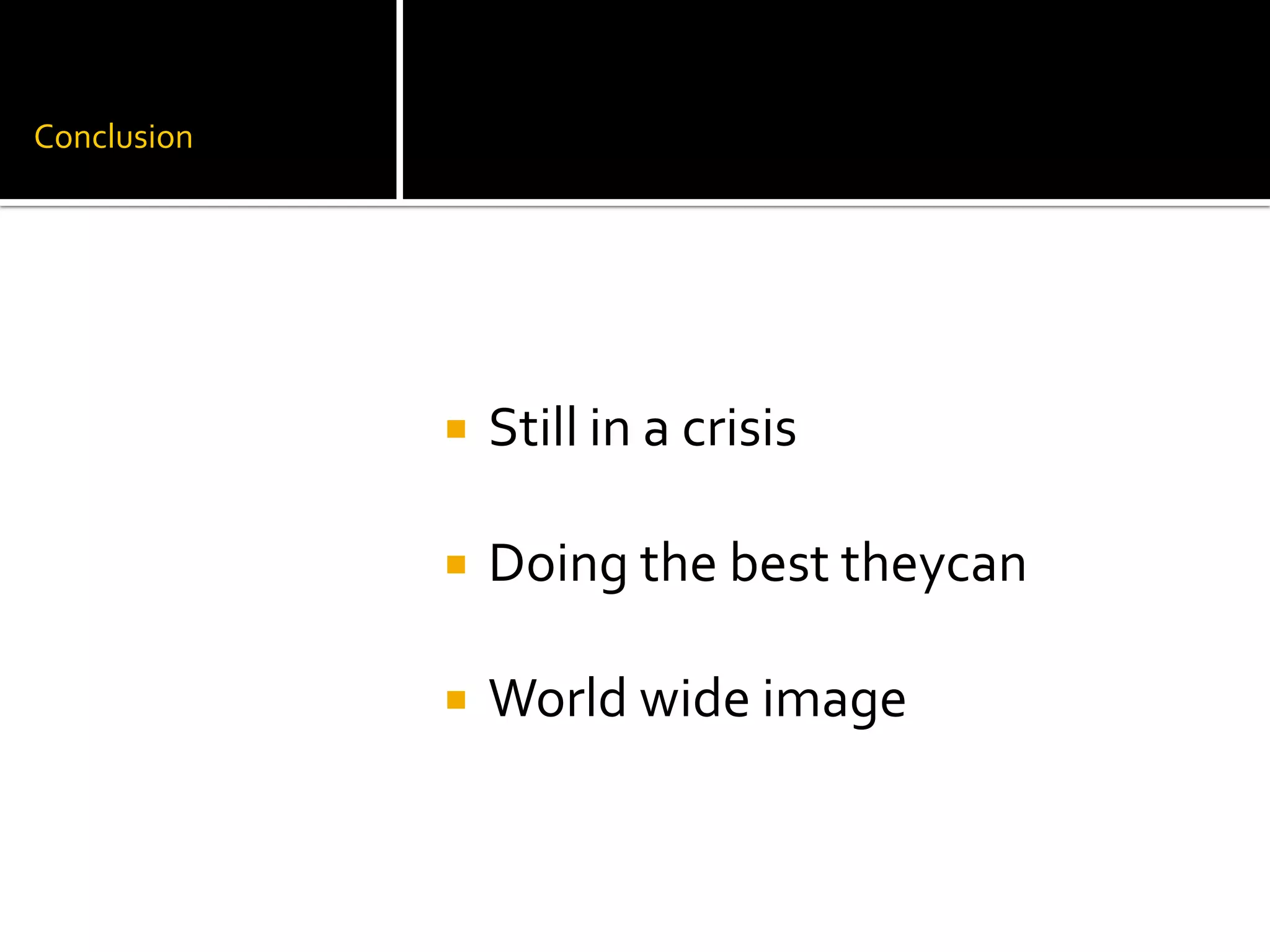 Conclusion
Still in a crisis
Doing the best theycan
World wide image