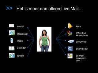 > > Het is meer dan alleen Live Mail… Spaces Mobile Hotmail SkyDrive® Office Live   Workspaces SharedView Messenger Calendar Alerts En meer services in beta… [email_address] Password: ******* 