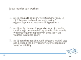 jouw manier van werken

1. als jij een auto zou zijn, welk type/merk zou je
zijn? Leg aan de hand van de typering/
eigenschappen uit waarom dit type/merk.

2. als jij professioneel top sporter zou zijn, welke

sport zou je beoefenen? Leg aan de hand van de
typering/ eigenschappen van deze sport uit
waarom juist deze sport.

3. als jij een ding zou zijn, welk ding zou je zijn? Leg
aan de hand van de typering/ eigenschappen uit
waarom dit ding.

37

 