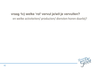 vraag 1c) welke ‘rol’ vervul je/wil je vervullen?
en welke activiteiten/ producten/ diensten horen daarbij?

42

 