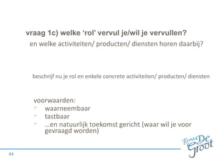 vraag 1c) welke ‘rol’ vervul je/wil je vervullen?
en welke activiteiten/ producten/ diensten horen daarbij?

beschrijf nu je rol en enkele concrete activiteiten/ producten/ diensten

voorwaarden:
• waarneembaar
• tastbaar
• …en natuurlijk toekomst gericht (waar wil je voor
gevraagd worden)
44

 