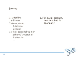 jeremy

1. Goed in:
1a) fitness
1b) motiveren
luisteren
geduld
1c) Rol: personal trainer
schema’s opstellen
instructie
…

51

2. Fijn dat jij dit kunt,
maarwat heb ik
daar aan?

 