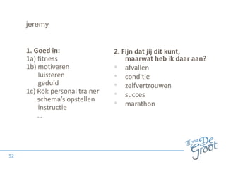 jeremy

1. Goed in:
1a) fitness
1b) motiveren
luisteren
geduld
1c) Rol: personal trainer
schema’s opstellen
instructie
…

52

2. Fijn dat jij dit kunt,
maarwat heb ik daar aan?
• afvallen
• conditie
• zelfvertrouwen
• succes
• marathon

 