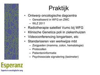 Praktijk Ontwerp oncologische dagcentra Gerealiseerd in WFG en ZMC WLZ 2011 Radiotherapie satelliet Vumc bij WFG Klinische Genetica poli in ziekenhuizen Videoconferencing longartsen, etc Standariseren van werkwijze mbt Zorgpaden (mamma, colon, hematologie) Protocollen Patienteninformatie Psychosociale signalering (lastmeter) 