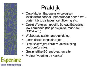Praktijk Ontwikkelen Esperanz oncologisch kwaliteitshandboek (beschikbaar door dmv I-portal) t.b.v. visitaties, certificering etc. Opzet Wetenschappelijk Bureau Esperanz isw academie (trialparticipatie, maar ook  DSCA etc.) Webbased patientenbegeleiding. Lateralisatie longchirurgie Discussietraject verdere ontwikkeling centrumfuncties. Gezamelijke BC endo-echografie Project “voeding en kanker” 