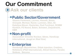 Our Commitment
 Ask our clients
  Public Sector/Government
  Vlaams Parlement, Leuven, Hasselt, Boom,
  Overpelt, Mortsel, Ranst, Lummen, Olen, St-
  Katelijne-Waver, Kasterlee, Oud-Turnhout, OCMW
  Kontich, PZ Noord, Balen, Schoten, Zwijndrecht,
  KBR

  Non-profit
  Association Vincotte Nuclear, Idewe, Handicap
  international, Jeugd en Stad Vzw)

 Enterprise
  Hamburger Mannheimer, Didak Injection, Credimo,
  Nollekens (PGZ International), Altrad Havico, Paratel,
  Sodexo, Securex
 