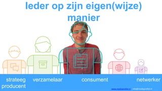 Ieder op zijn eigen(wijze)
manier
strateeg verzamelaar consument netwerker
producent www.mediaprofiel.nl info@mediaprofiel.nl
 